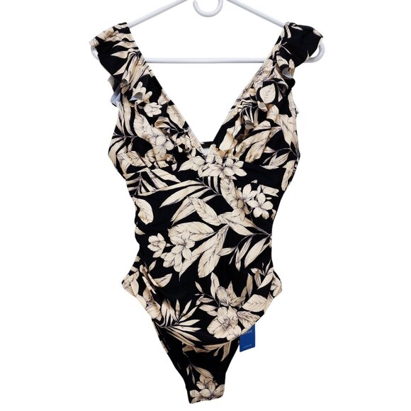 Cupshe Womens Black Beige Floral Ruffle One-Piece Swimsuit Open Back Design SZ M - Picture 1 of 6